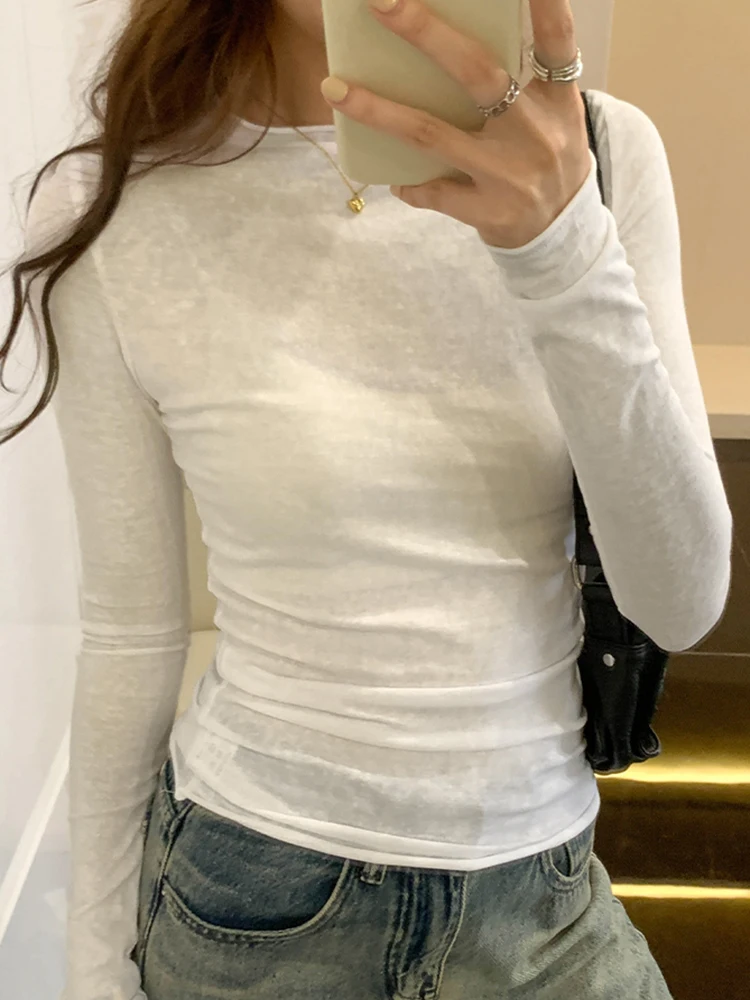 

2220. Весенне-осенняя футболка. Женские топы. Однотонные облегающие футболки с длинным рукавом и круглым вырезом. Женские повседневные уличные футболки высокого качества.