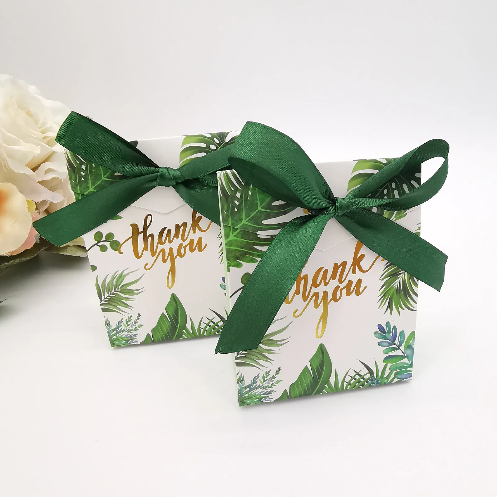 50pcs Green Leaf Thank You Bronzing Packaging Gift Bags DIY Ribbon Bow Cookie Candy Box Festival Party Wedding Favors