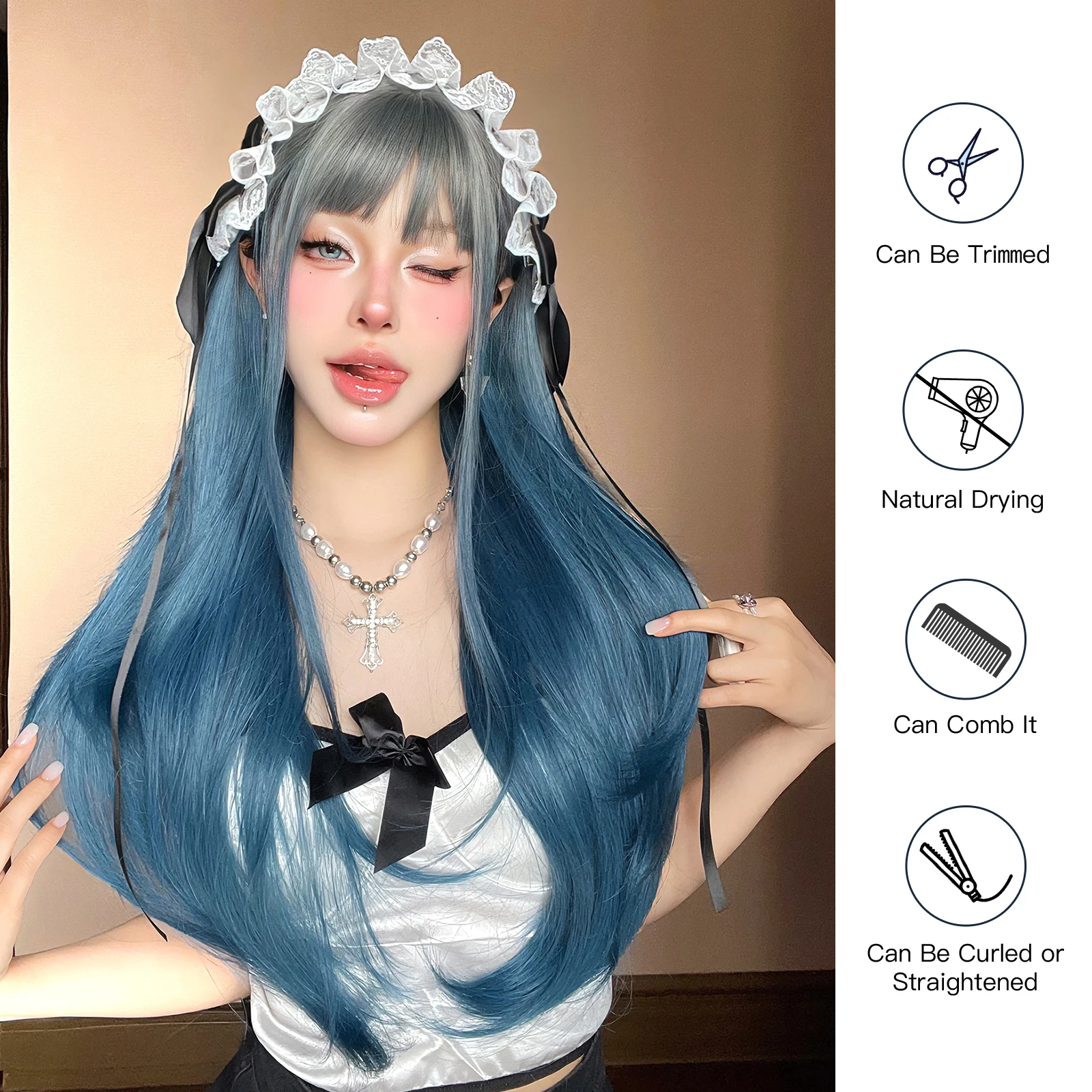 Halloween Synthetic Wig Female 26-inch Gray-blue Gradient Full Bangs Long Straight Hair Sweet Anime CosLolita Role-playing Wig