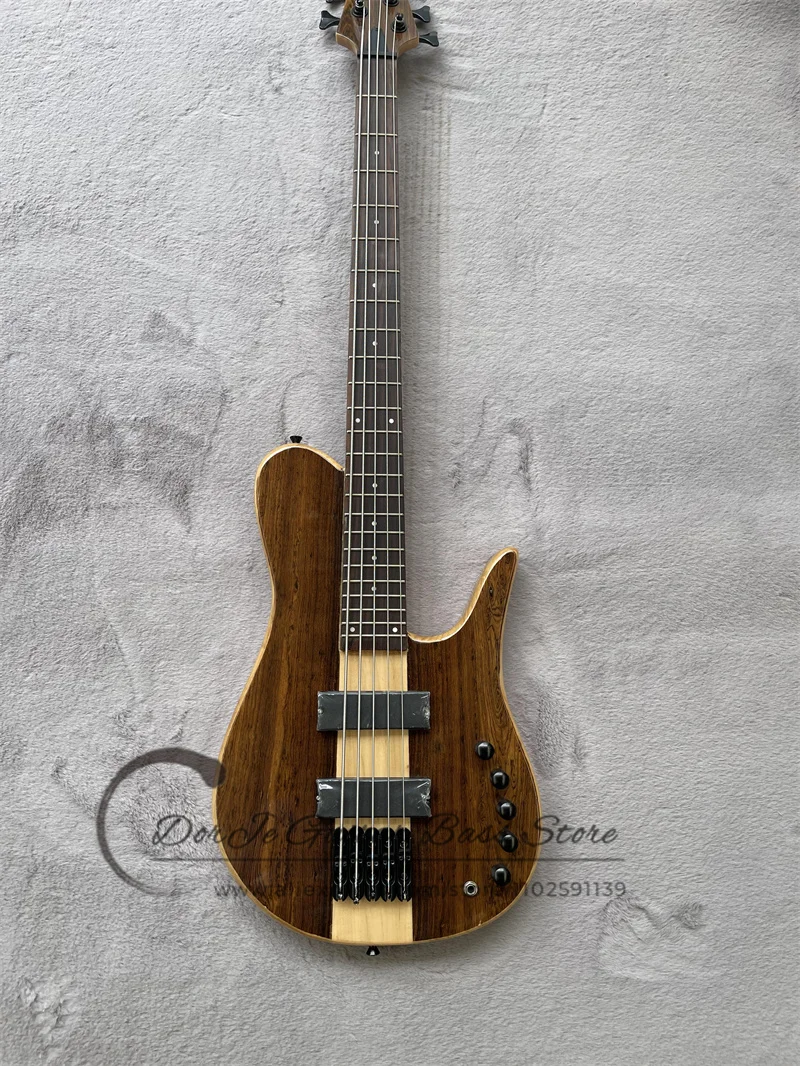 

5 String Bass Guitar Maple Neck Though ASH Wood Body Fod Bass Rosewood Top Black Brige Active Battery