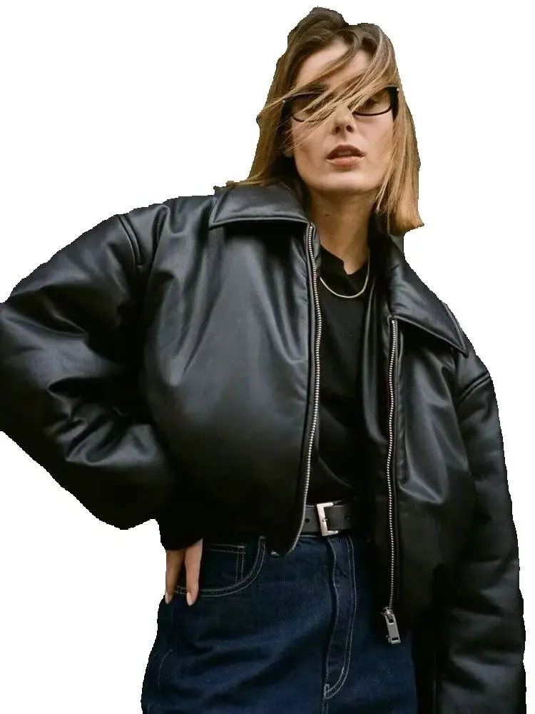 

2025 Winter Women's Motor Biker Warm Faux Leather Parkas Coats Female Street Oversized Padded Thicken PU Short Bomber Jackets