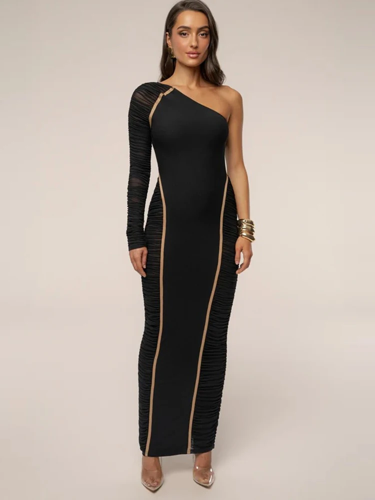 Elegancka sukienka maxi Sibybo z patchworkiem, odkrywająca ramiona, dopasowana, damska, seksowna, z asymetrycznym dekoltem, długim rękawem i odkrytymi plecami, idealna na wieczorne przyjęcia.