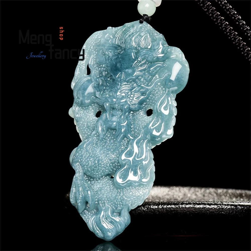 Natural A-grade Jadeite Blue Water Three Dimensional Domineering Zodiac Dragon Jade Pendant Fashion Jewelry Luxury Holiday Gifts