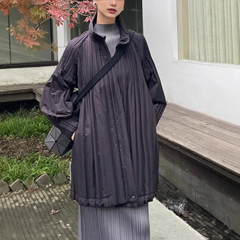 

Miyake Pleated Cotton Jacket Women's Medium-length Korean Loose Thin 2025 Winter Warm Long-sleeved High Collar Cotton Jacket