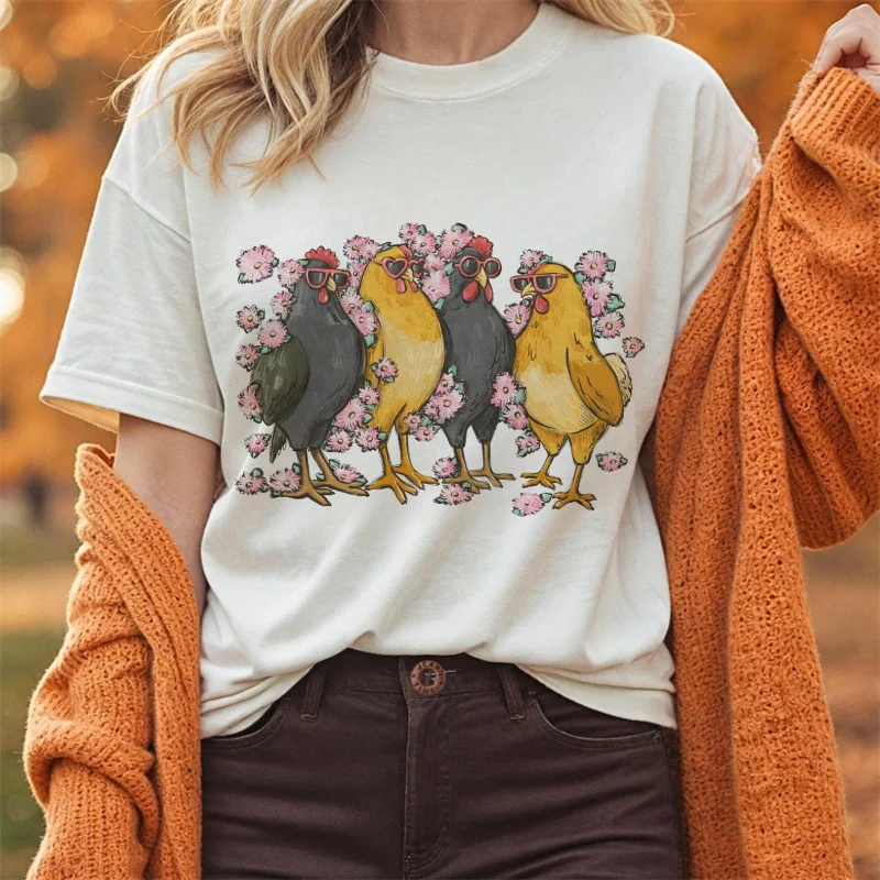 

Солнцезащитные очки с куриным цветком и принтом, милая футболка в мультяшном стиле фермы, женский белый топ, повседневная одежда, осенняя футболка
