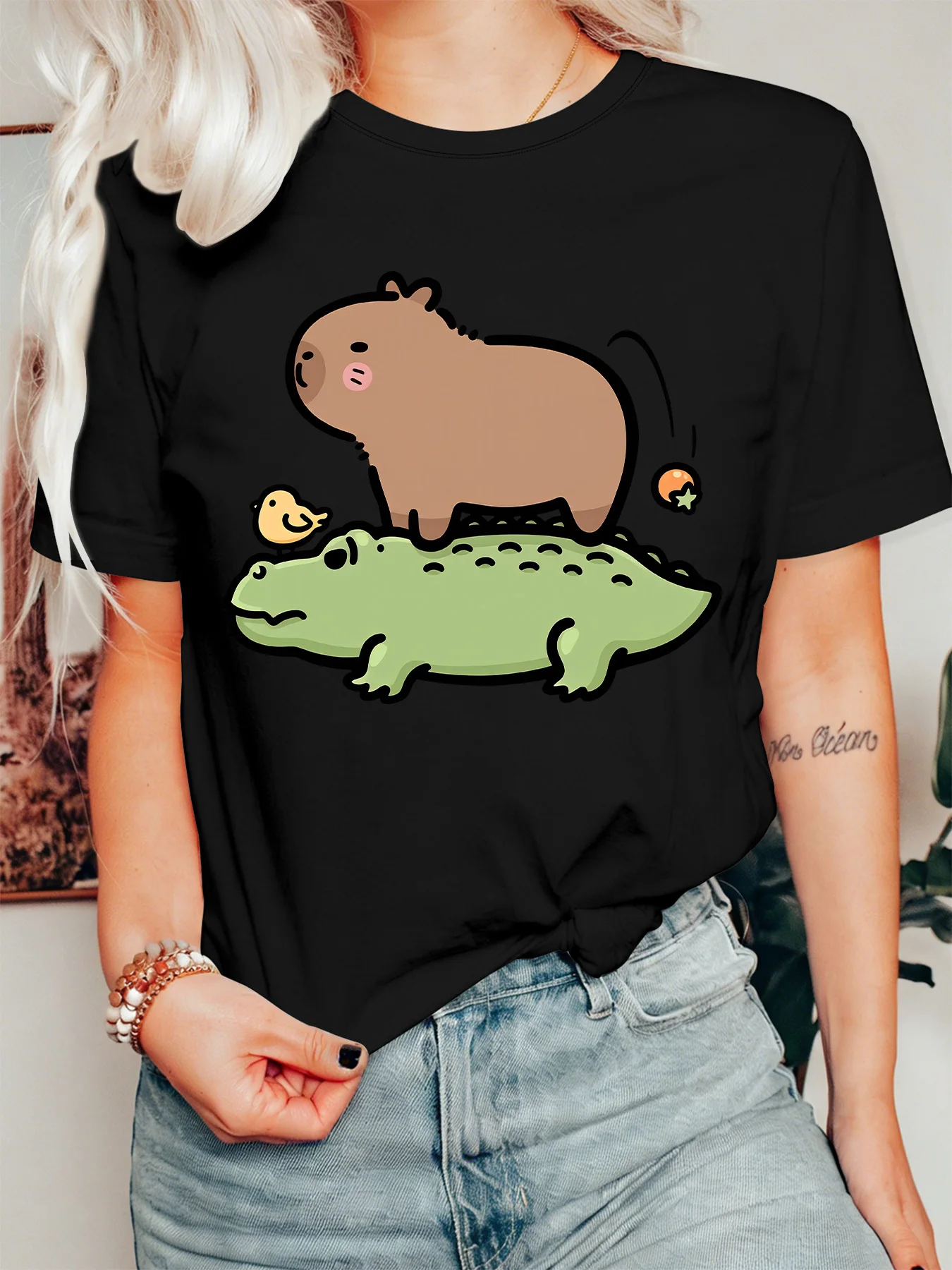 Funny Capybara Crocodile Womens T Shirt Cute Wild Animal Small Bird Cartoon Graphic Tee Short Sleeve Casual Daily Ladies Tops