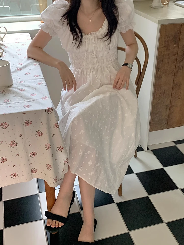 Franse Vaion Sle Dames Dr Zomer Zachte Personali Vierkante Kraag Geplooide Taille Afslankende Bubble Sve Lange Dr