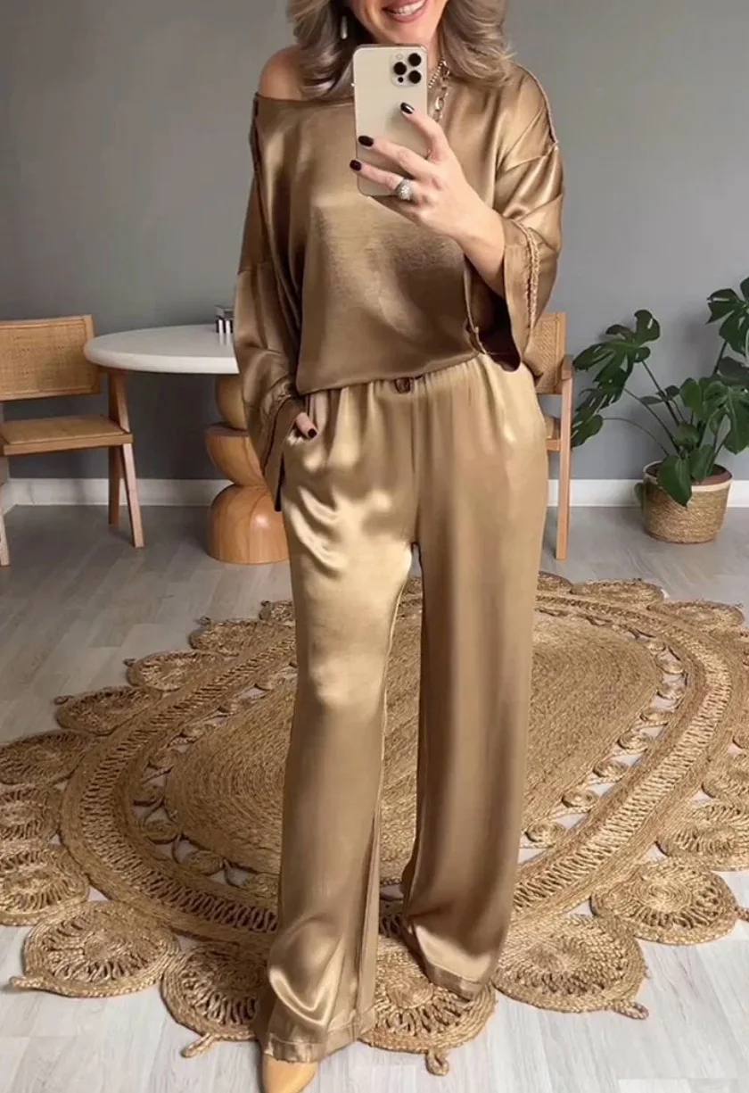 Women\'s Fashion Solid Satin Two Piece Sets New Spring Autumn Long Sleeve BlouseTop And Long Pants Suits Elegant Loose Outfits