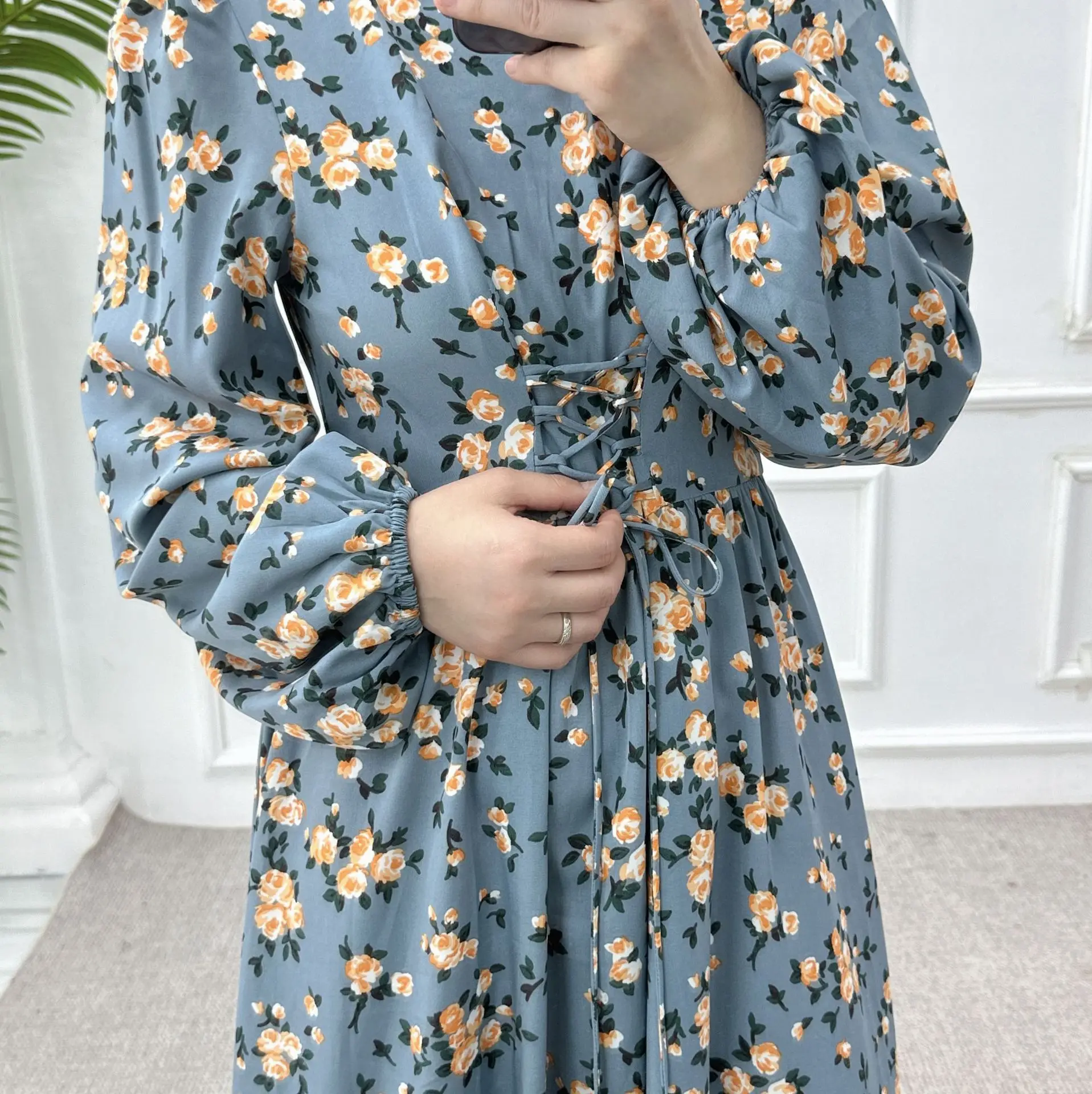 6 Colors Fashion Luxury Lace Up Muslim Abaya Dress Elegant Flower Printed Dress Waist and Ankle Length Printed Long Dresses