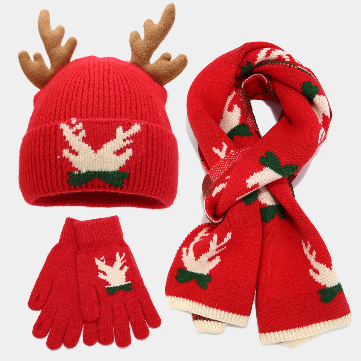 Conjunto de malha de Natal de três peças para crianças, alce bonito, jacquard, chapéu, cachecol, lenço, frio, inverno, quente