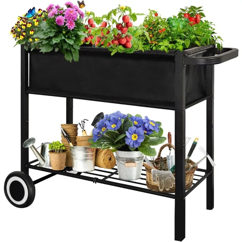 

Raised Garden Bed with Legs for Outdoor Plants, Standing Elevated Planter Box Cart on Wheels for Vegetables Flower Herb Patio