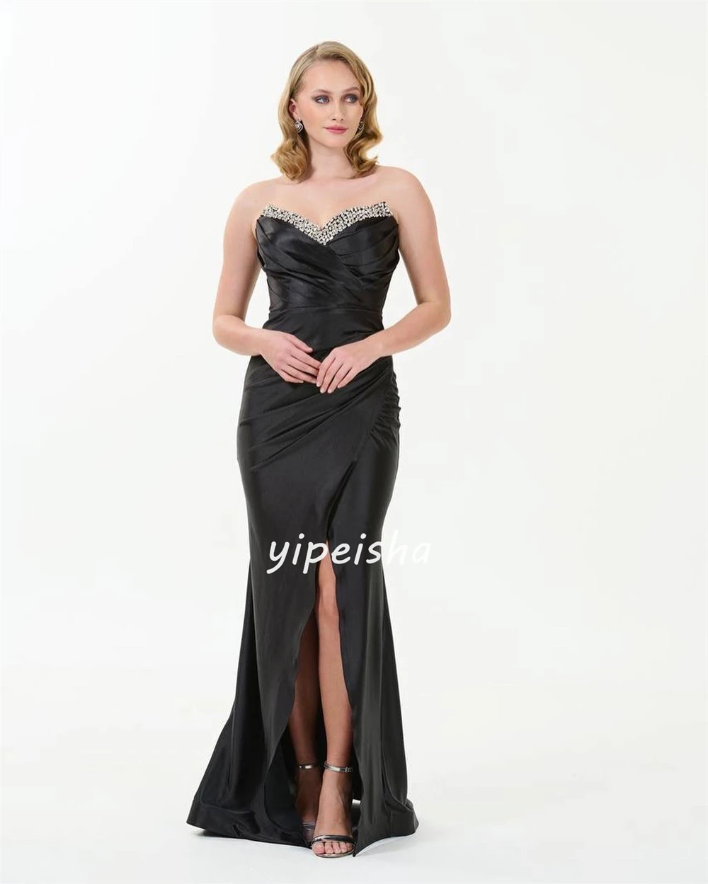 Satin Rhinestone Evening A-line Strapless Bespoke Occasion Gown Long Dresses