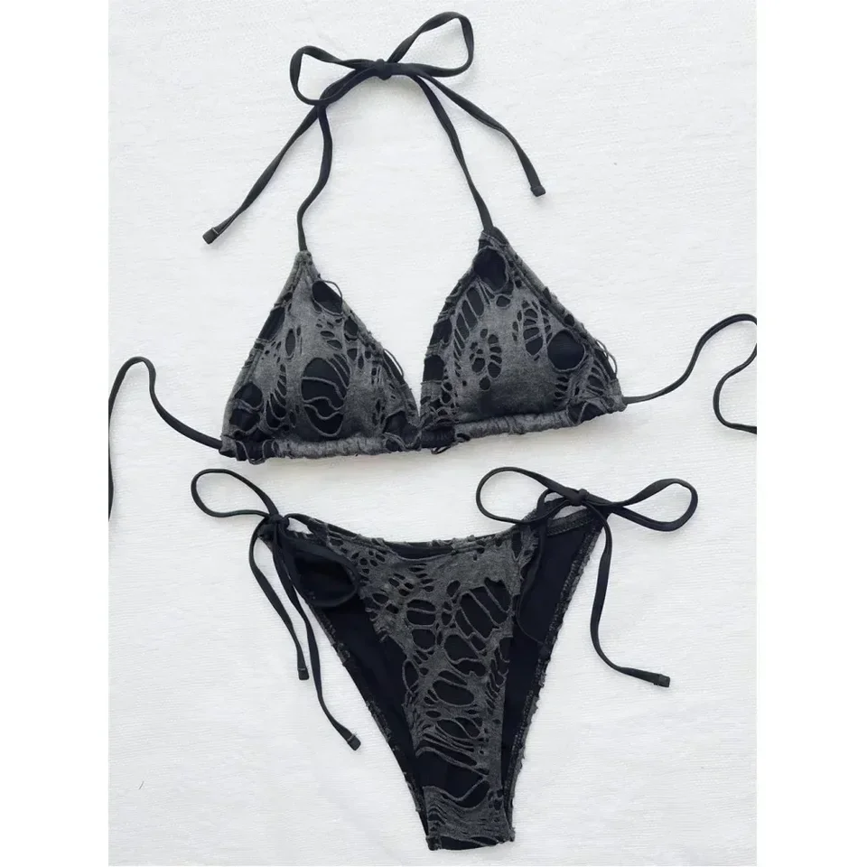 

Gothic Grunge Swimsuit Distressed Bikini Y2K Bathing Suits Halter Strappy Lace Up 2024 Trend Woman Punk New Beach Swimwear