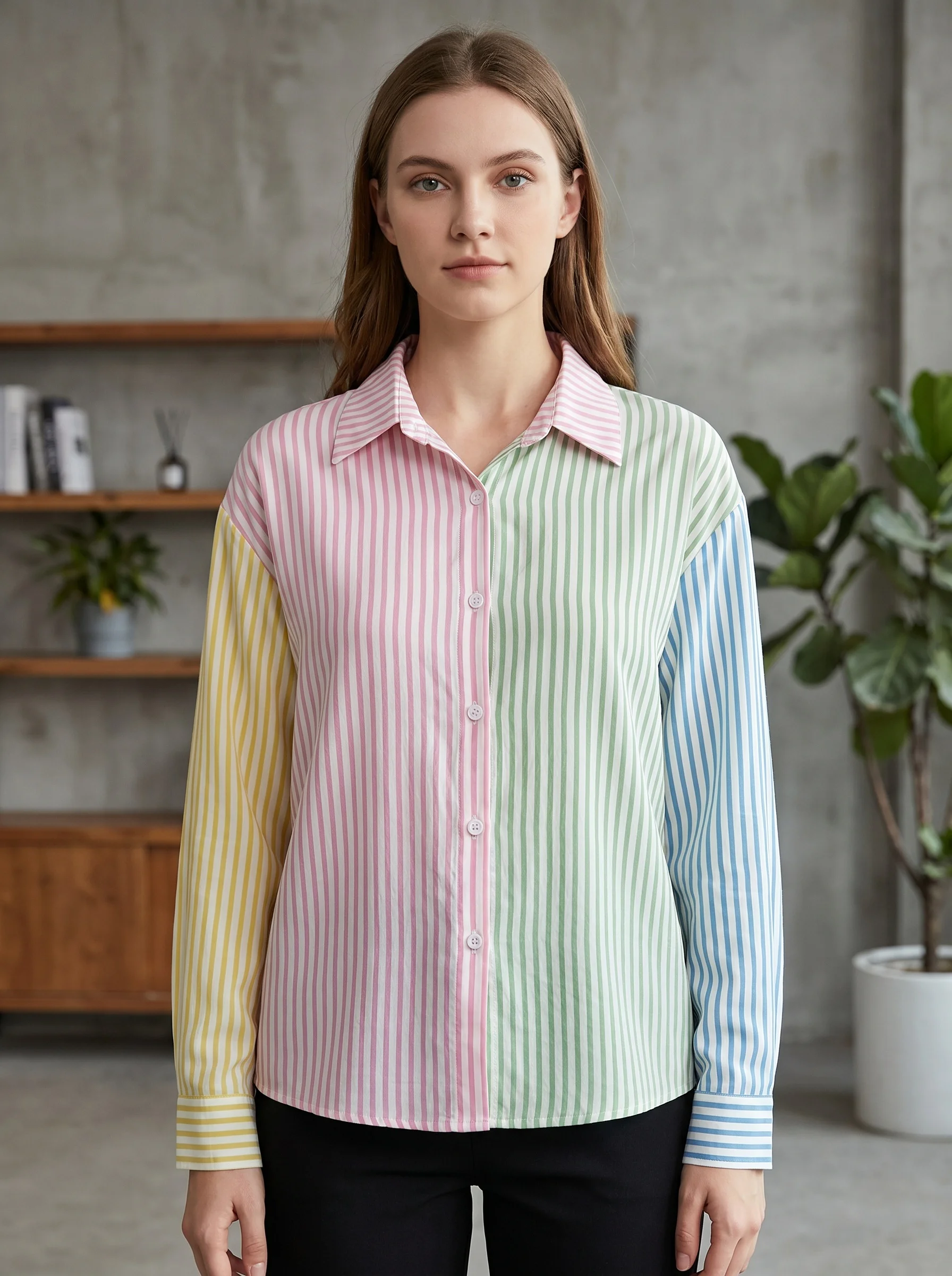Gadinus Women Color Block Striped Long Sleeve Shirt Button Up Casual Blouse Standard Fit