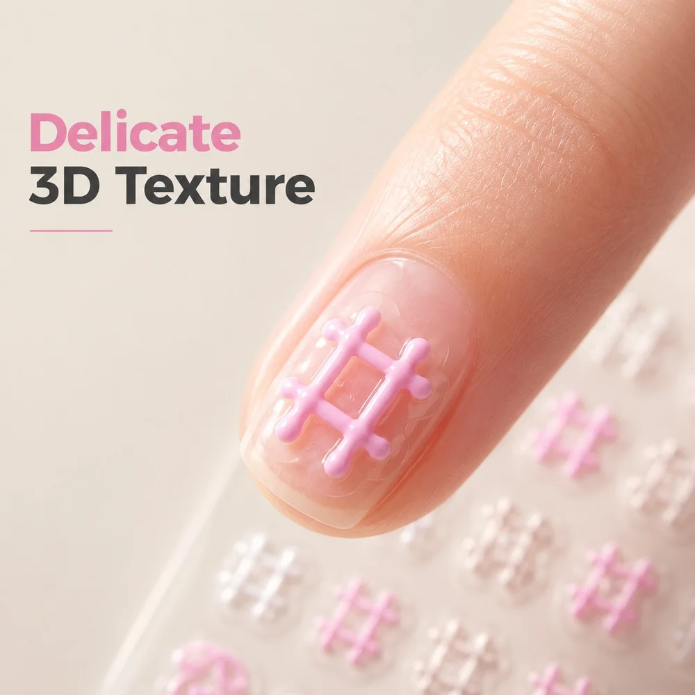 1Sheet Pastel Pink White Nail Decals Embossed Plaid Bow Outline Heart Stereo Self Adhesive Fresh Daily Wear Nail Ornament