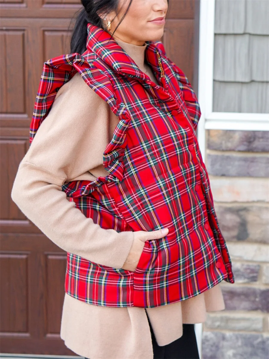 Women s Christmas Plaid Cotton Vest Turtle Neck Snap-up Flutter Sleeve Casual Lightweight Waistcoat