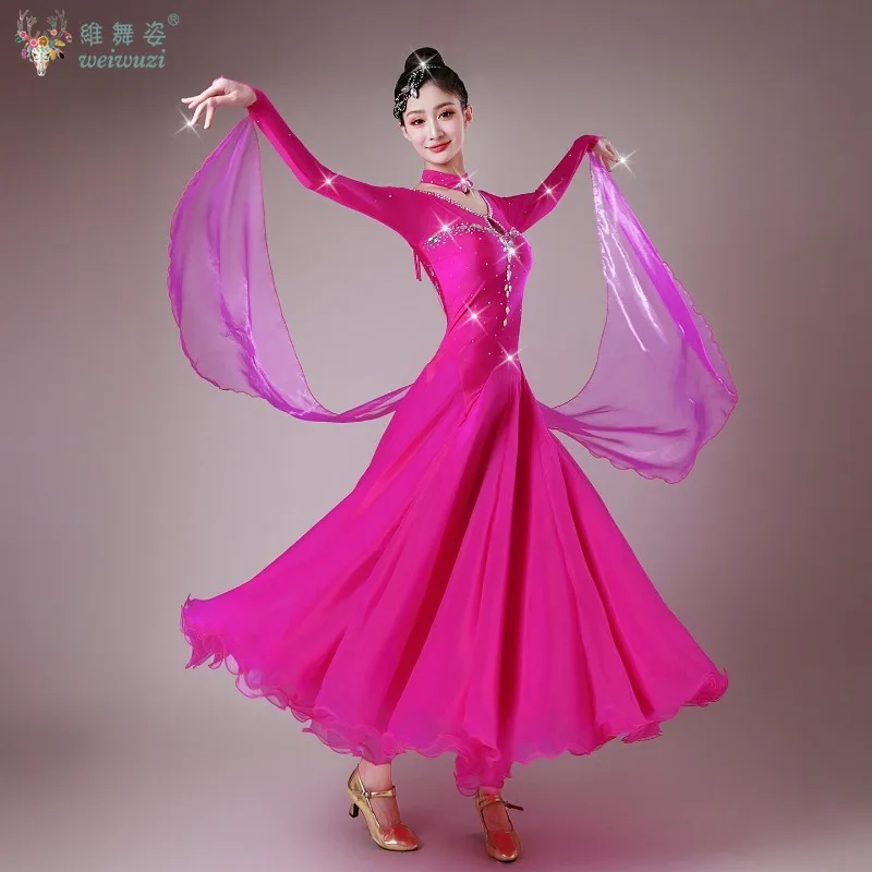 

Elegant Ballroom Dance Dress Women Competition Long Sleeves Modern Costumes Big Swing Standard Waltz Stage Performance Clothes
