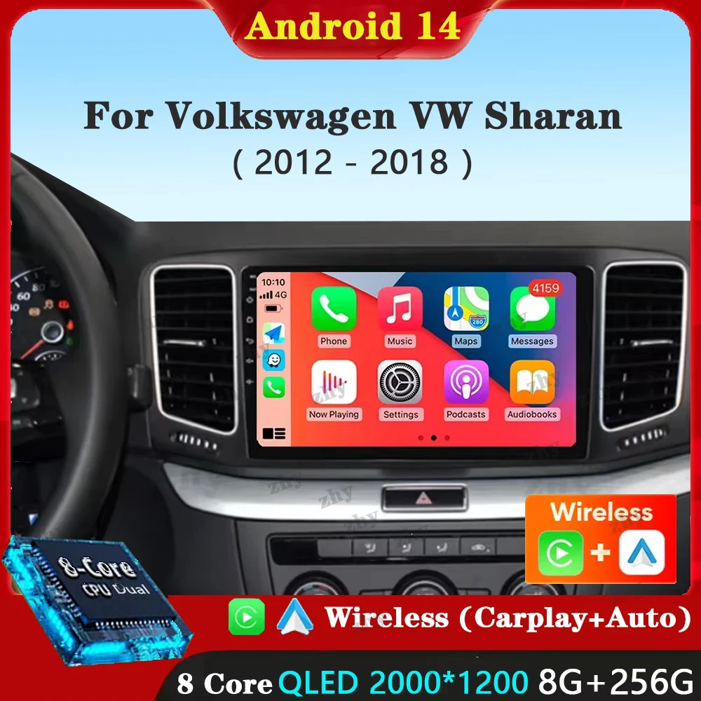 Android 14 Carplay Car Radio For Volkswagen VW Sharan 2012 - 2018 Navigation GPS Multimedia Player WiFi+4G BT stereo 360 Camera