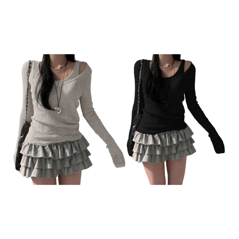 Harajuku Solid Ribbed Knit Bodycon T-Shirt and Top Set for Women 2 Piece Long Sleeve Fitted Sweater Knitwear