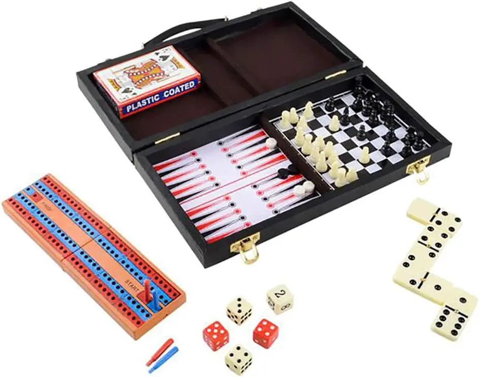 

Board Games, Chess, Backgammon, Cards, Checkers, Dominoes, Cribbage, 6-in-1 Travel Case, 11' Inch