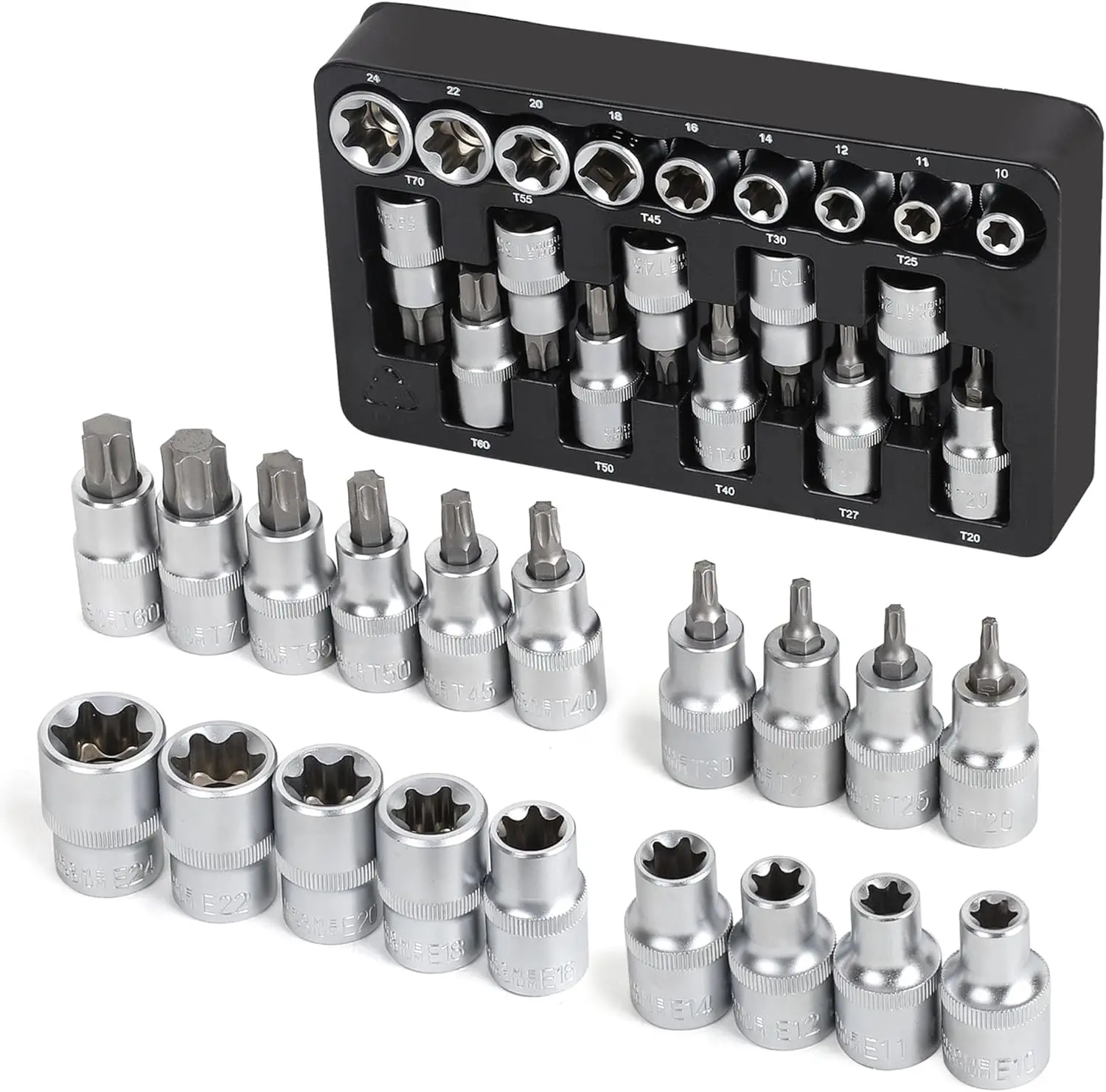 

19-Piece 1/2' Drive E-Torx Socket Set, E10-E24, T20-T70, CR-V Steel, with Case