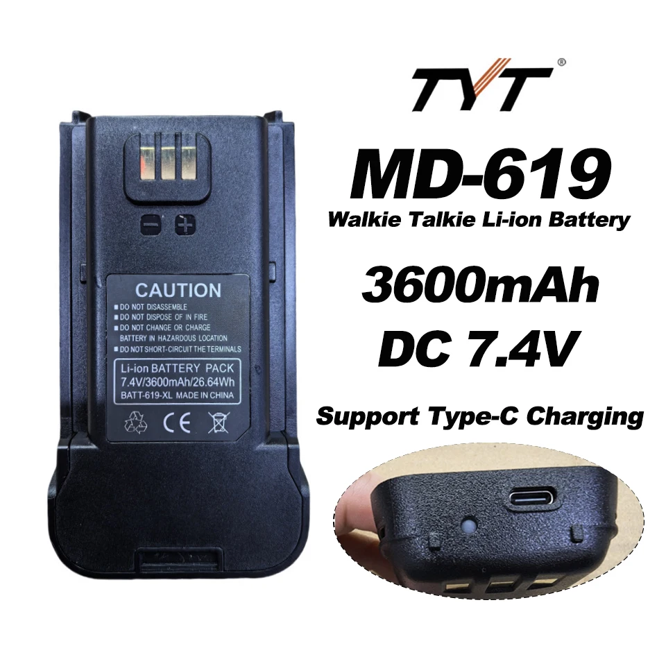3600mAh 7.4V Walkie Talkie Original Li-ion Battery For TYT MD-619 Two Way Radios MD619 Extra Battery Support Type-C Charging