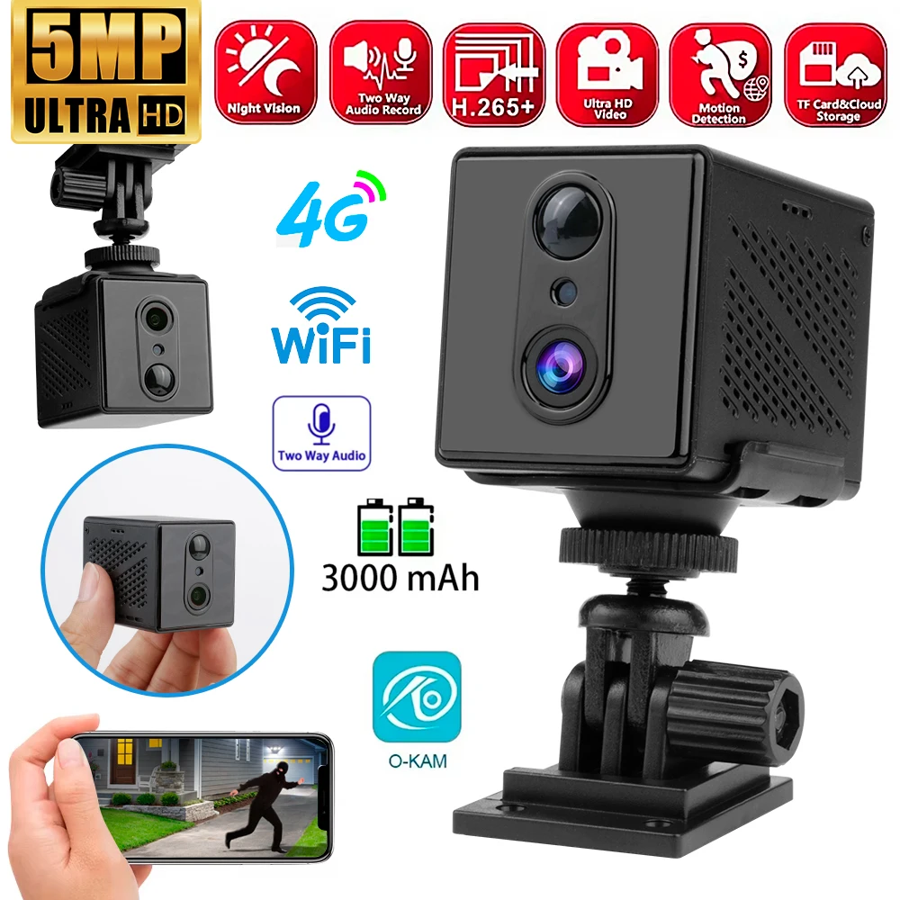 5MP Mini Camera 4G SIM Card WiFi Night Vision Home Security Surveillance Camcorder Voice Intercom Motion Detection CCTV Camera
