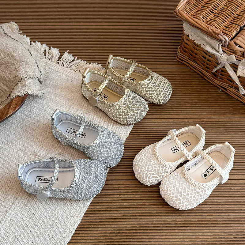 Summer Children Buckle Mary Jane Shoe Girls Woven Hollow-out Princess Shoes Beach Shoe Kid Breathable Mesh Soft-sole Single Shoe