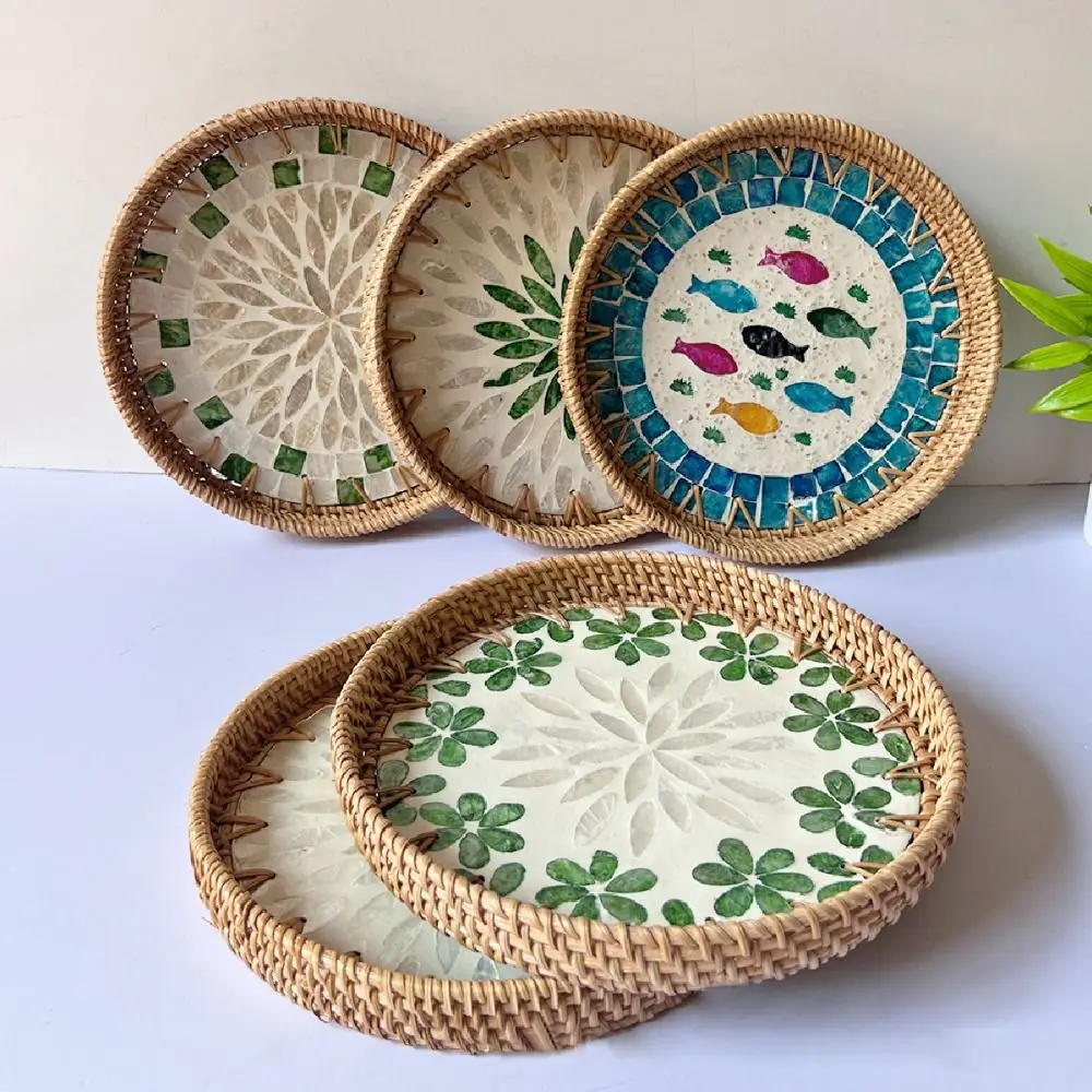 Creative Gift Shell Mosaic Round Woven Tray Handmade Decorative Decorative Wall Plate Home Decor Rattan Serving Tray