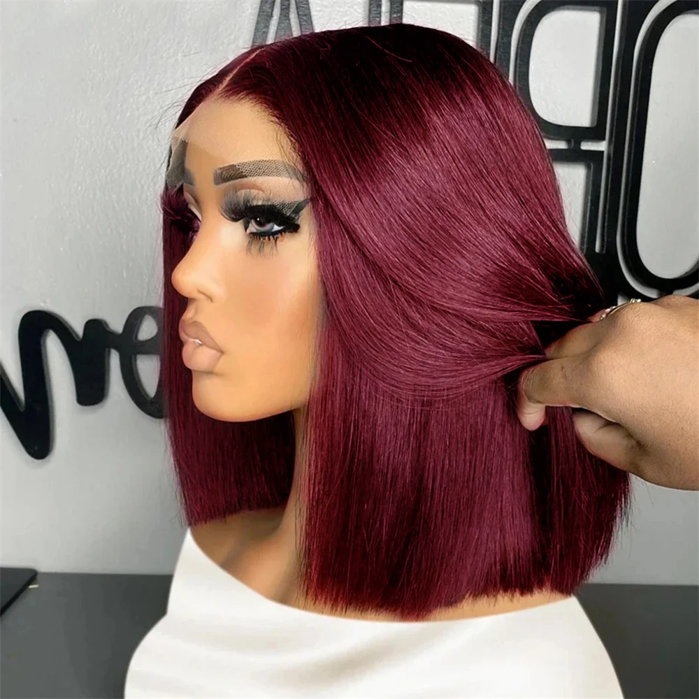 Silky Straight 99j Burgundy Bob Wig 100% Human Hair Wigs 13x4 Lace Front Wigs for Women Straight Burgundy 100% Human Hair Pre Plucked 210% Density Transpaent Lace Frontal Wig Red Short Bob 12 Inch