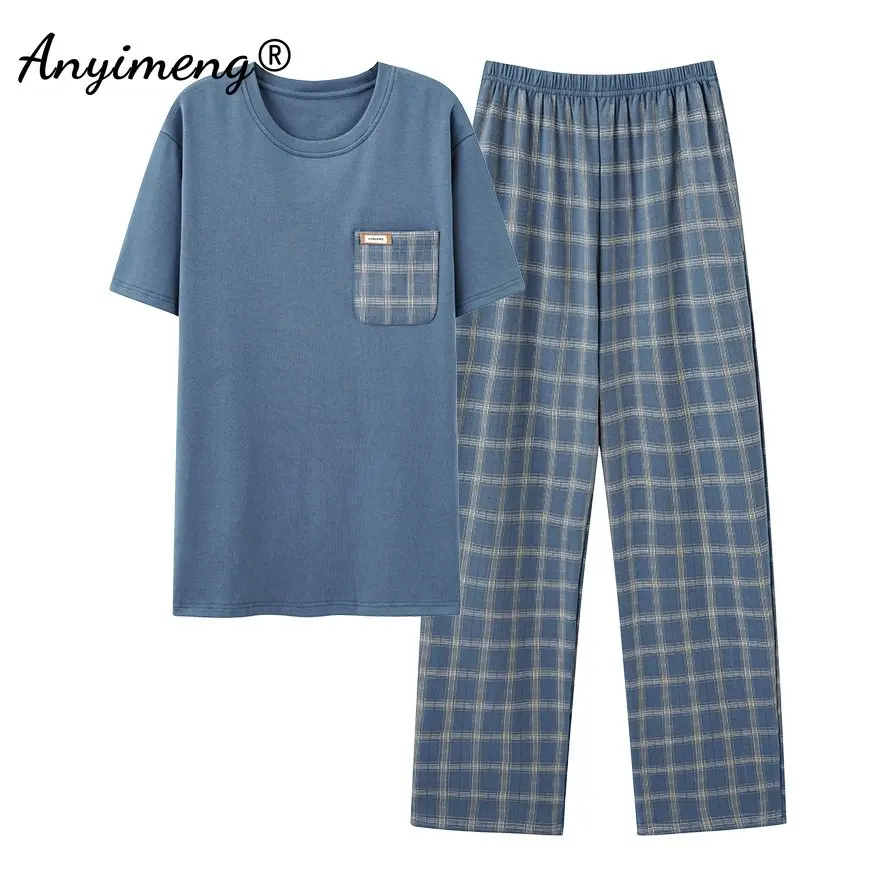 PLUS ขนาดบุรุษชุดนอนผ้าฝ้ายชุดฤดูร้อนใหม่ Loungewear สําหรับ Boy ชุดนอน Sporty ชุดนอนสไตล์ Minimalist Pijama สําหรับ Man