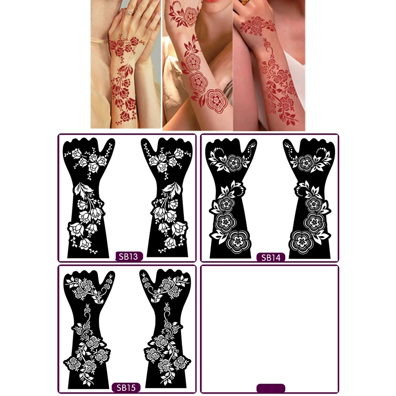 1 زوج أسود نقل اليد ملصقات الوشم المؤقت اليد الحناء الوشم قالب للنساء الجسم اللوحة الزهور الوشم الاستنسل #5