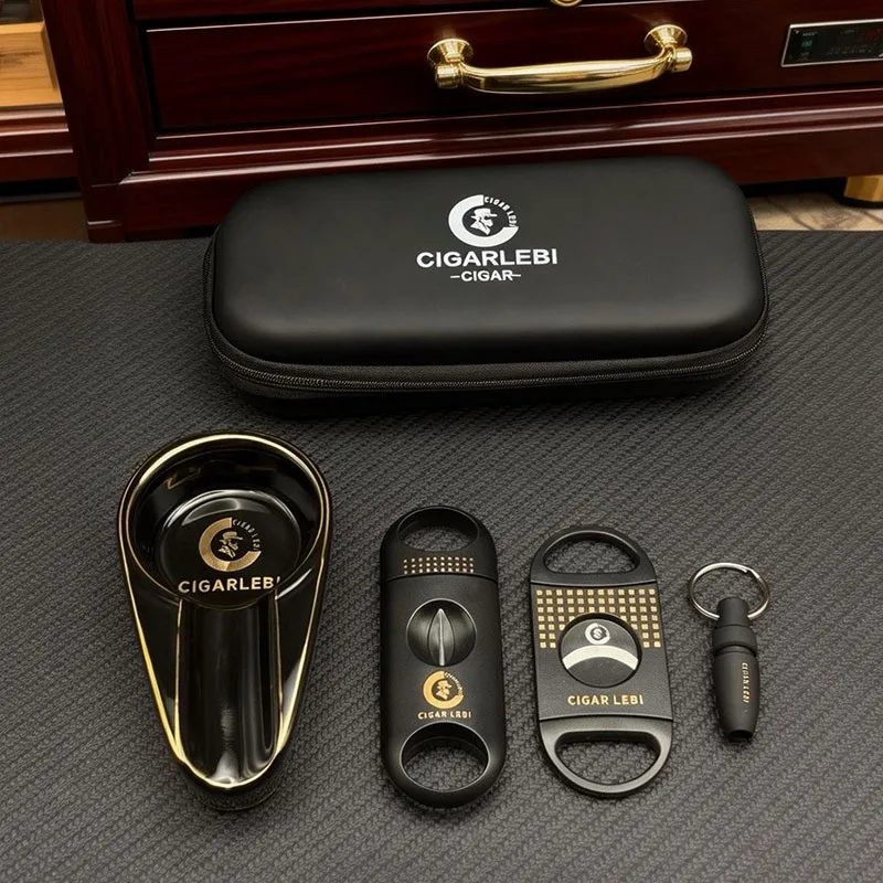 Cigar Cutter Set  V-Shaped Cutter Stainless Steel Punch High-End Cigar Accessories Perfect Match with Ashtray