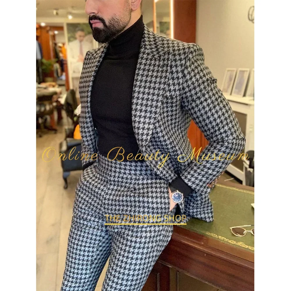 Men's Tweed Houndstooth Suits Wedding Suits Plaid Check 2 Piece Fashion Business Formal Tailored Fit Single Breasted One-button