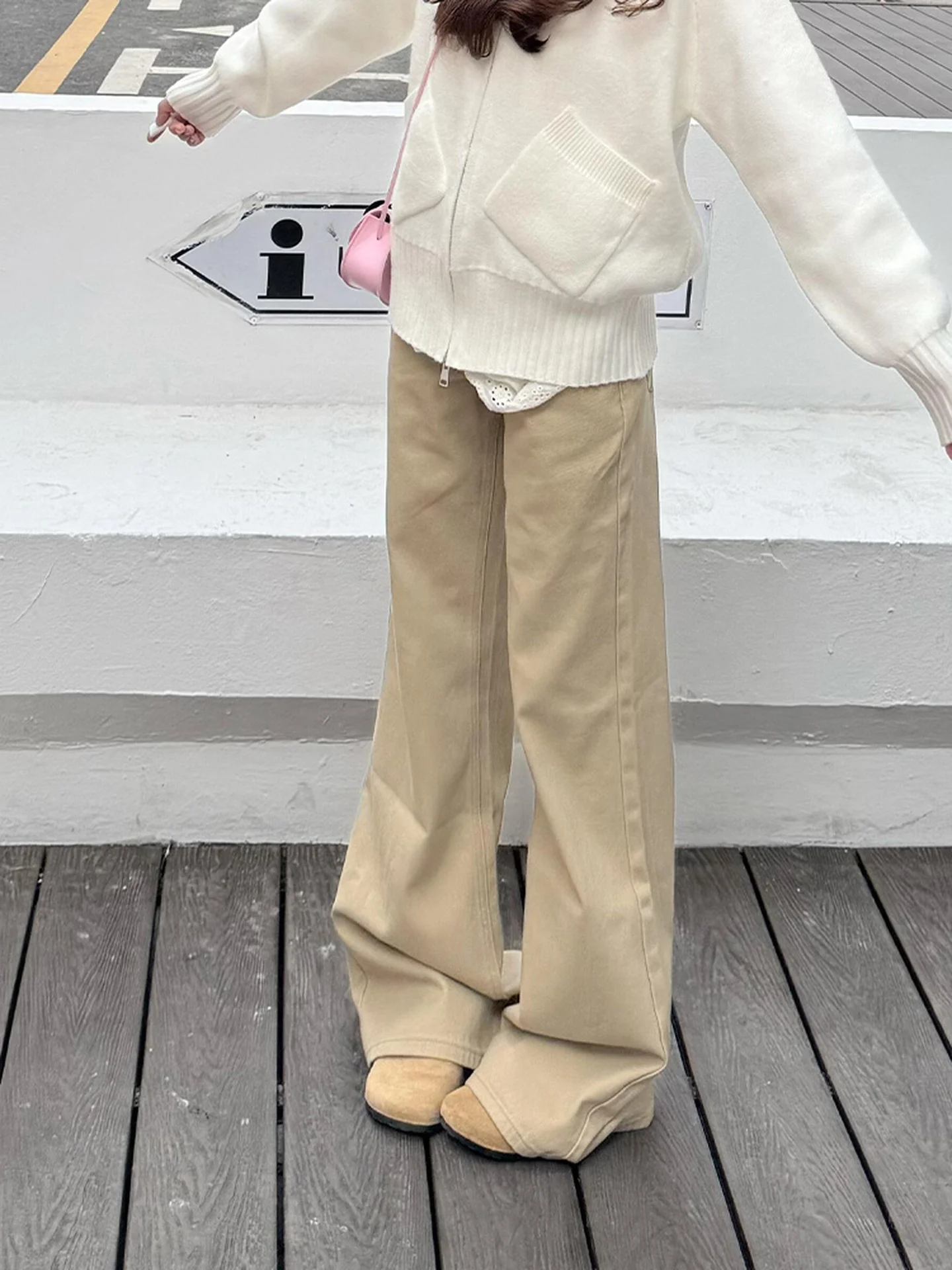 กางเกงยีนส์ผู้หญิงทรงหลวมสไตล์วินเทจอเมริกัน สีกากี ขอบเอวสูง ขากว้าง ช่วยให้ดูผอม  คอลเลคชั่นใหม่ ฤดูใบไม้ร่วง ฤดูหนาว