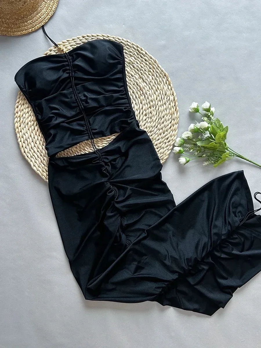

Bikini Solid Color One Piece Swimsuit High Waist Hollow Out Drawstring Wrinkle Dress Monokini Beach Vacation Swimwear 2025 New