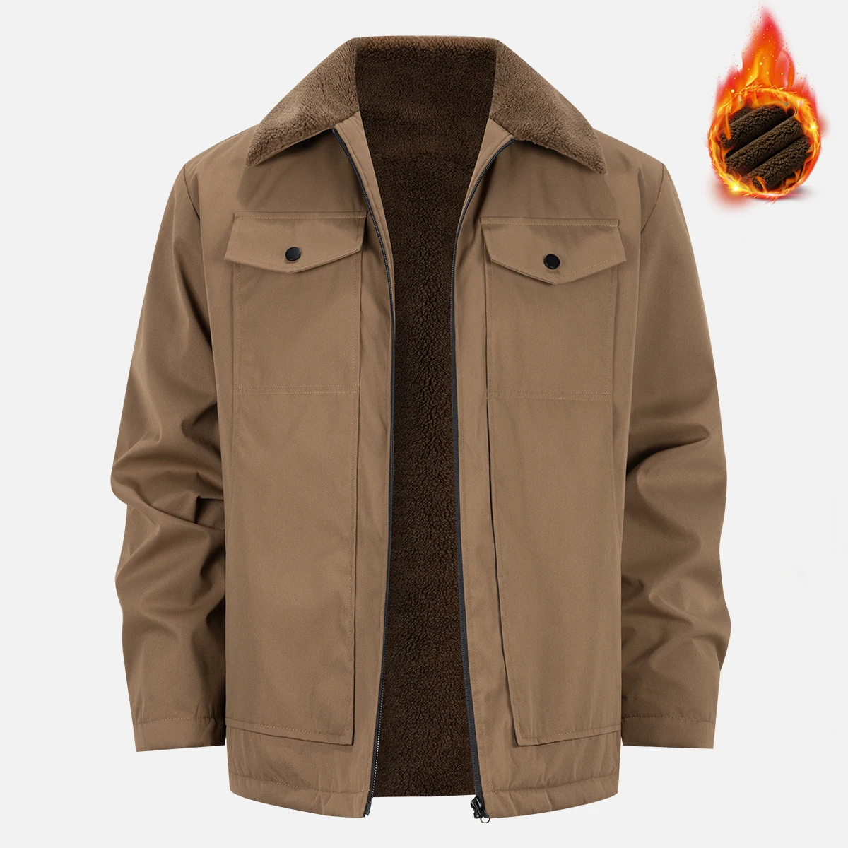 

Khaki Men's Jacket with Sherpa Collar & Thickened Fleece Lining for Cold Weather
