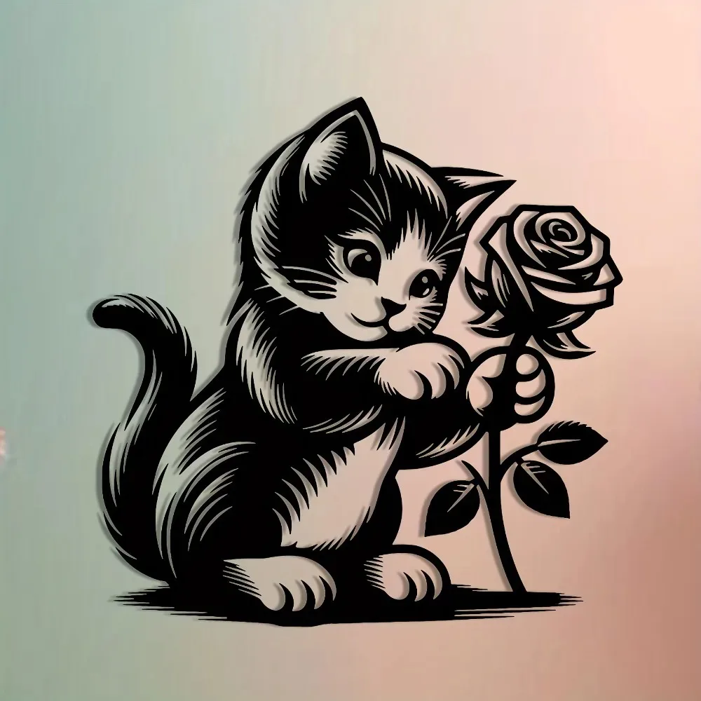 CIFBUY Iron Wall Art Black Cat Flower Farmhouse Waterproof Sculpture For Home Living Room Hanging Decor Gift