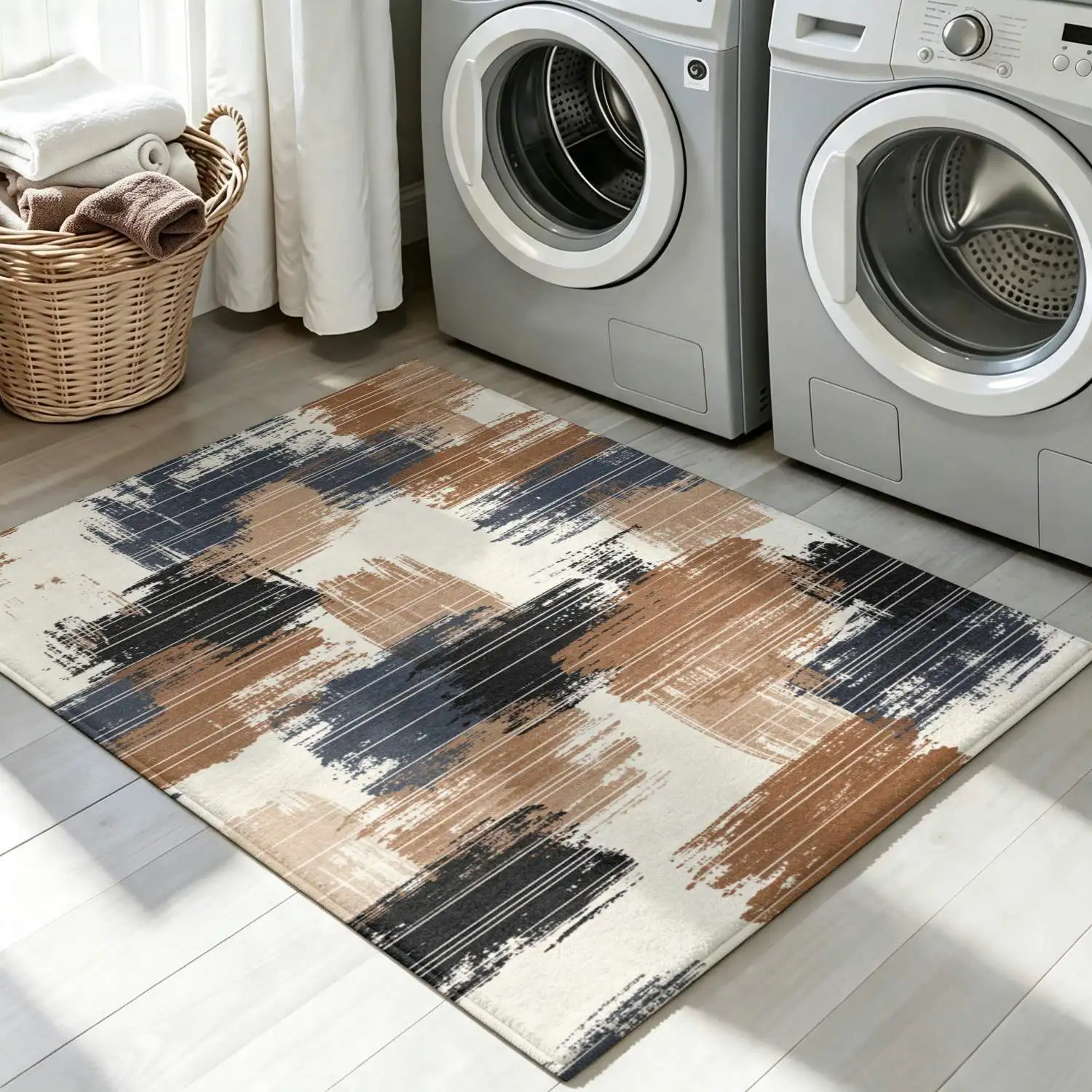 1Pc 2D Printed Carpet: Blue & Brown Abstract Art, Nordic/Instagram Style, Modern Minimalist Geometric Striped, Home Decor, Multi-Size, Machine Washable, Ideal for Entrance, Dining, Foyer, Bedroom, Living Room