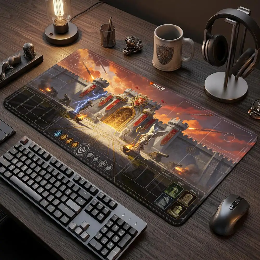60X35cm Medieval War Castle Knight Ange Play mat Zoned Desk Mat Non-Slip Rubber Base Stitched Edges For TCG Card Game table mat