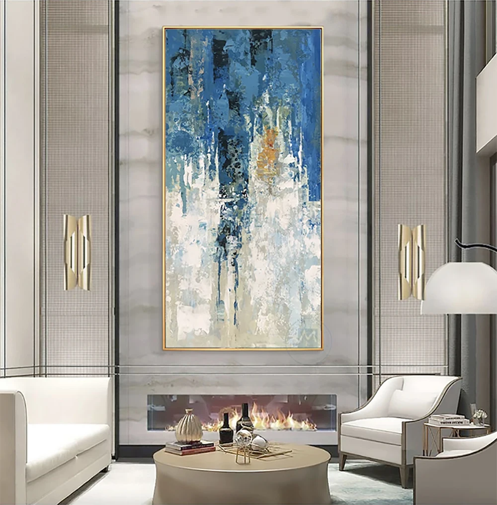 Pintura vertical dorada abstracta, cuadros decorativos, arte moderno, pintura azul, cuadros en lienzo para sala de estar, envío directo