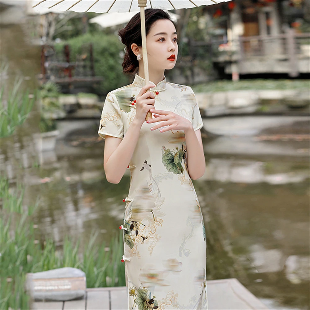 Vintage Elegant Slit Qipao Women Summer Short Sleeves Stand-up Collar Slim Cheongsam Ladies Chinese Traditional Dress For Party