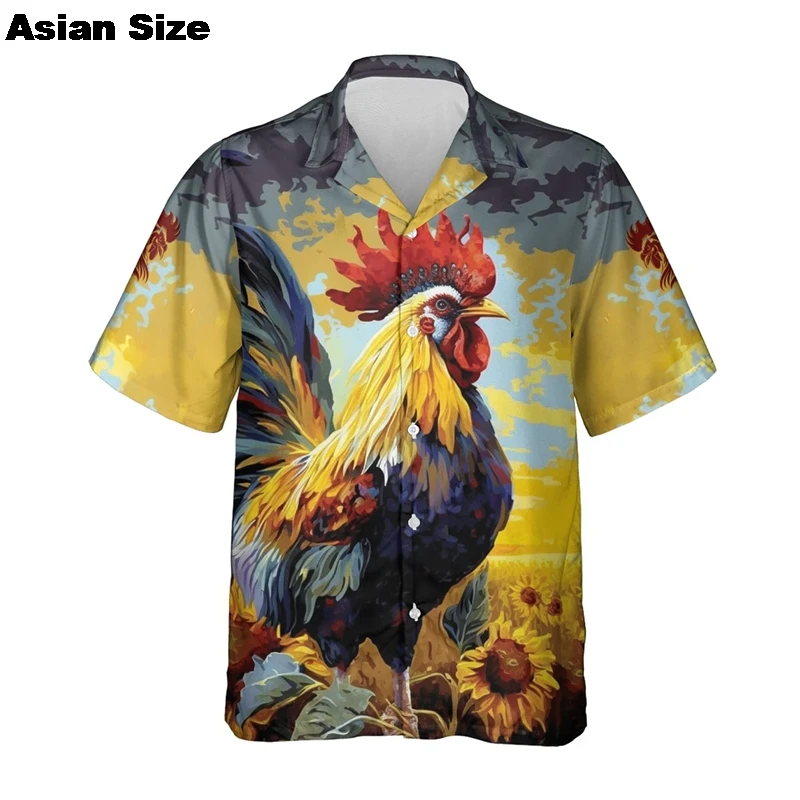

2025 Funny Rooster Beach Hawaii Casual 3D Print Turndown Collar Shirt Casual Short Sleeve Shirt Summer Loose Shirts For Unisex