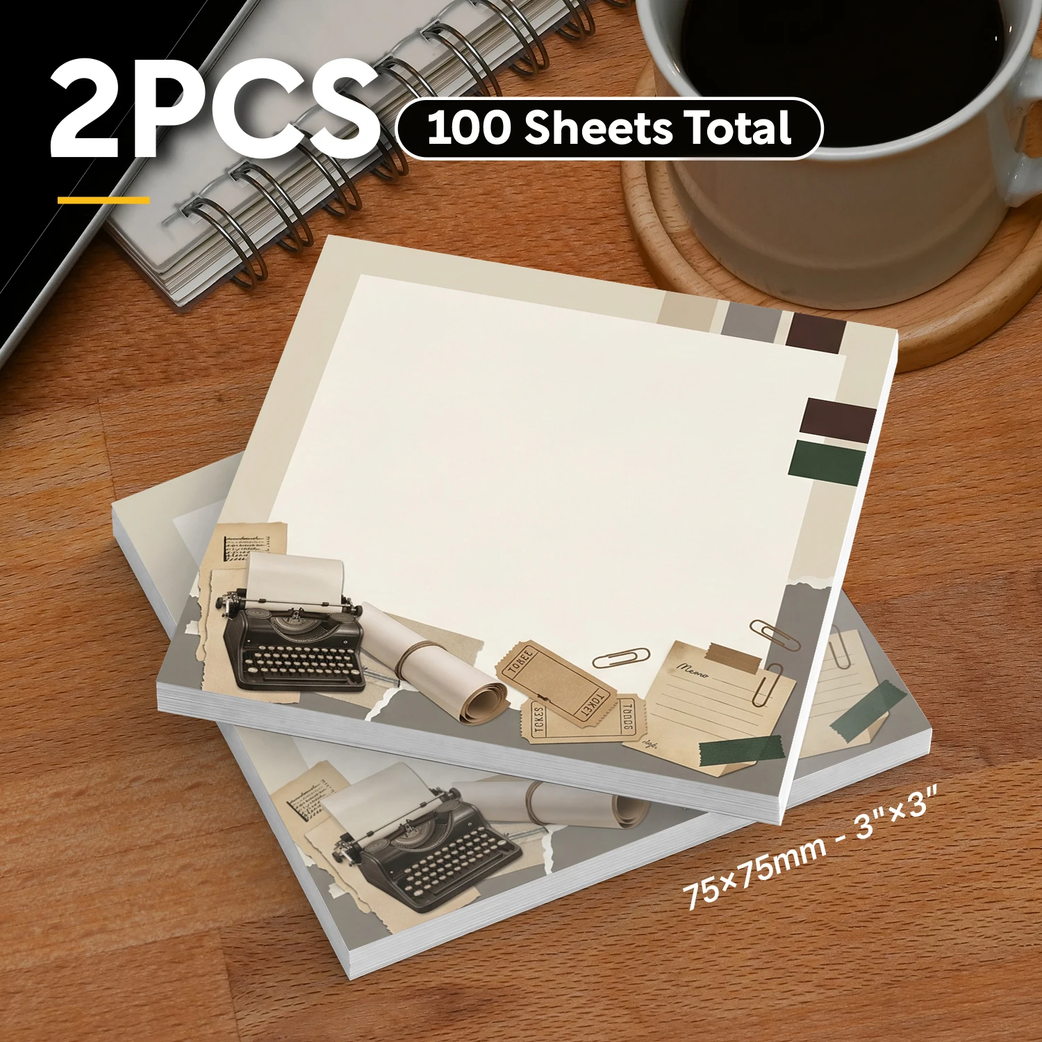 2pcs Vintage Typewriter Sticky Notes, Retro Writing Memo Pads, 100 Sheets Total, Removable Self-Adhesive Notes for Planner