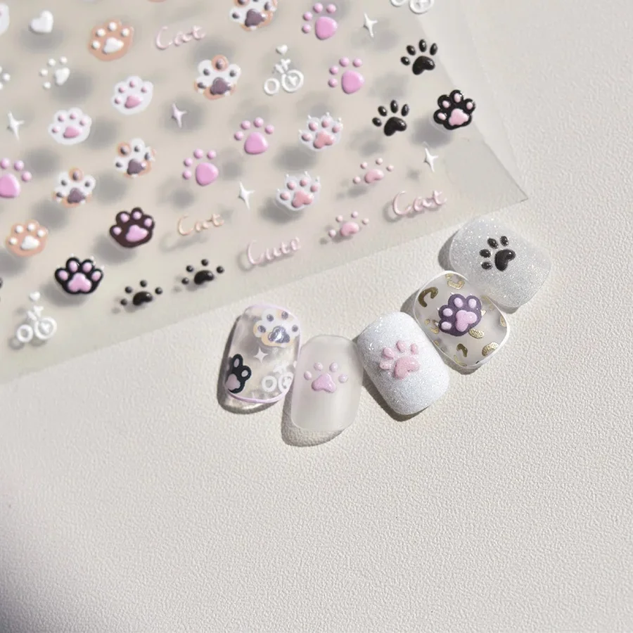 1pcs Cute Cat Claw 3D Jelly Relief Nail Stickers 3D Adhesive Stickers For Nails DIY Japanese Kawaii Slider Nail Art Decorations