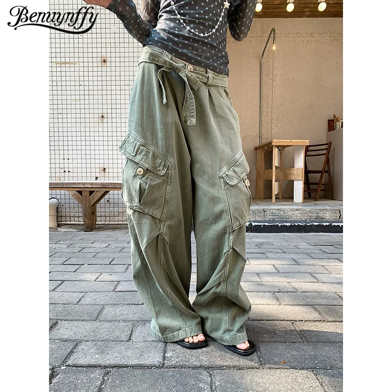 

Джинсы-карго Benuynffy в американском уличном стиле с поясом, женские, весна 2026, новинка, винтаж Y2K, с множеством карманов, с низкой посадкой, свободные, широкие джинсовые брюки