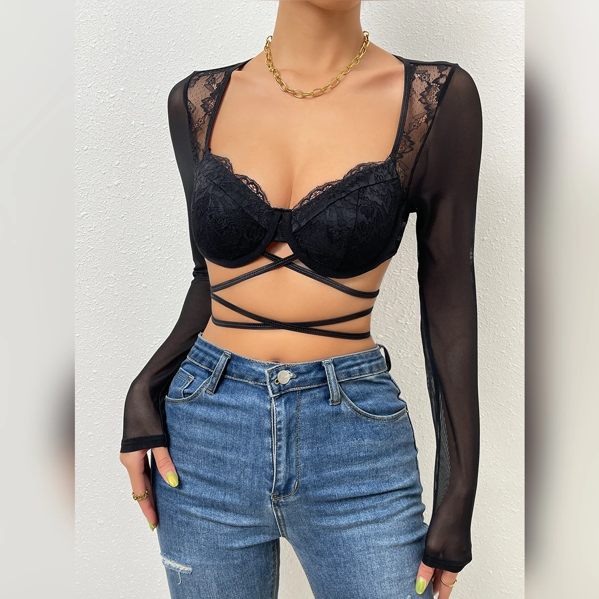 Vemina Fashion V-Neck Hollowing Mesh See Through Crop Tops Long Sleeve,Sexy Bandage Lace Embroidery Women Bodycon Slim Blouses