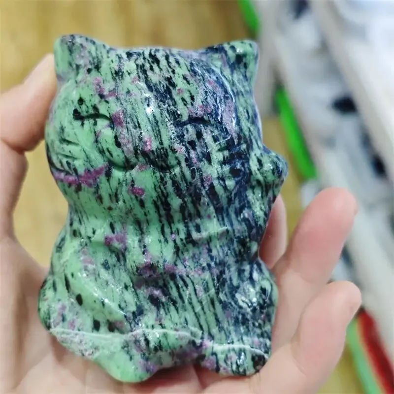 Natural Ruby In Zoisite Fortune Cat Carving Reiki Healing Stone Lucky Room Desk Decoration Statue Gift 1PCS
