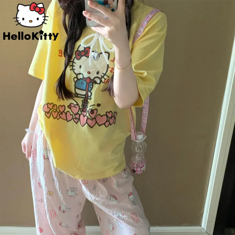 Sanrio Hello Kitty Pure Cotton T-shirt Sweet Lovely Y2k Girl Cute Cat Printed T-shirt Female\'s Summer Loose Casual Versatile Top