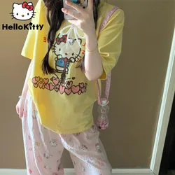 Sanrio Hello Kitty Pure Cotton T-shirt Sweet Lovely Y2k Girl Cute Cat Printed T-shirt Female's Summer Loose Casual Versatile Top